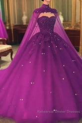 Crystals Purple Ball Gown Semi Formal Prom Dresses With Cape Sweet 16 Quinceanera Dress